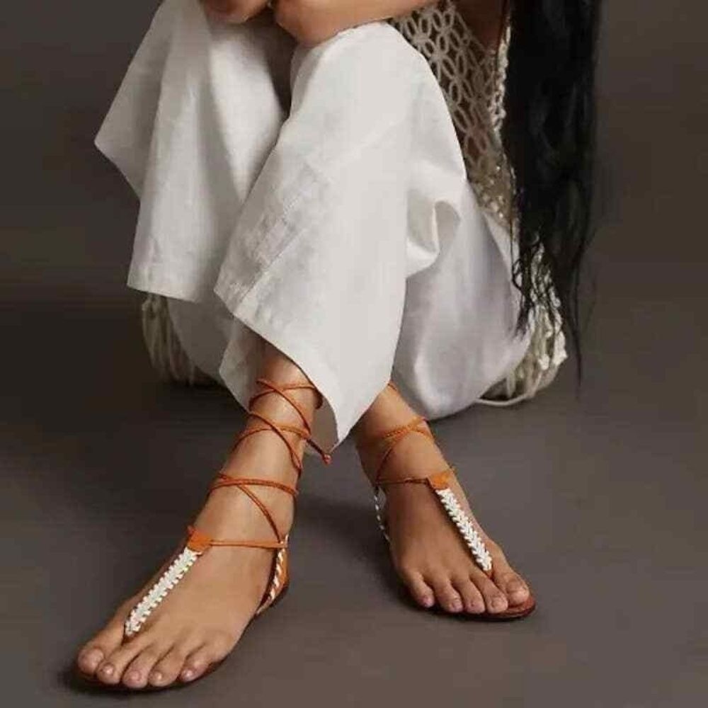 Anthropologie Tie-Up Thong Sandals 9 Boho Vacation Festival Beach Resort Brown